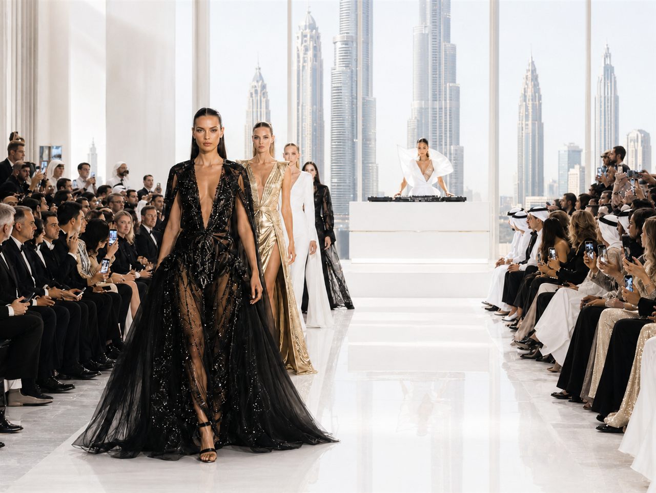 Fashion show with city skyline