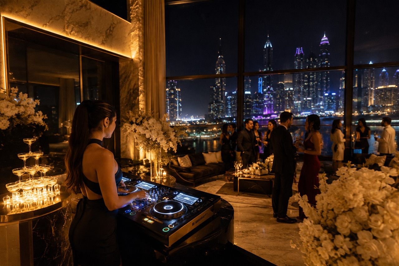Luxury penthouse party with Dubai skyline