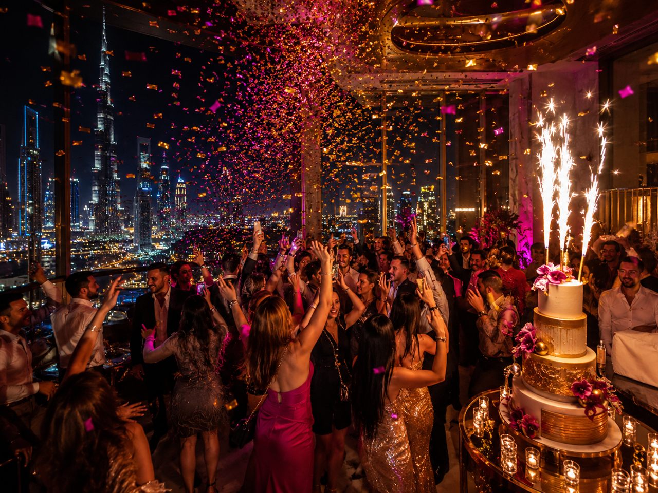 Chic rooftop lounge celebration