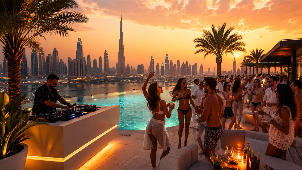 Sunset rooftop pool party